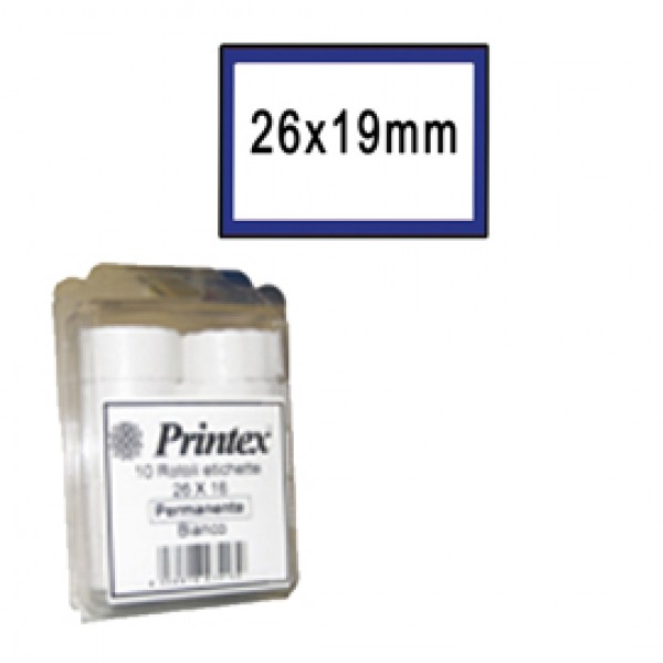 Rotolo da 600 etichette per Printex Z 17 - 26x19 mm - adesivo permanente - bianco - cornice blu - Printex - nero - pack 10 rotoli