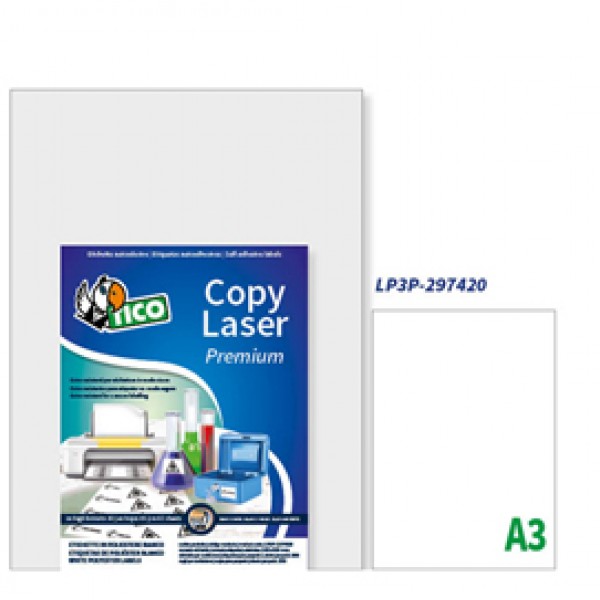 Etichetta in poliestere LP3P - adatta a stampanti laser - permanente -  297 x 420mm - 1 etichetta per foglio - bianco - Tico - conf. 250 fogli A3