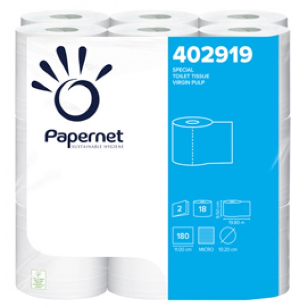 Carta igienica - 2 veli - 16,5 gr - 9,5 cm x 19,8 mt - diametro 10,2 cm - 180 strappi - Papernet - pacco 18 rotoli Carta igienica - 2 veli - 16,5 gr - 9,5 cm x 19,8 mt - diametro 10,2 cm - 180 strappi - Papernet - pacco 18 rotoli