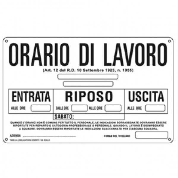 Cartello segnalatore - 30x20 cm - ORARIO DI LAVORO - alluminio - Cartelli Segnalatori Cartello segnalatore - 30x20 cm - ORARIO DI LAVORO - alluminio - Cartelli Segnalatori