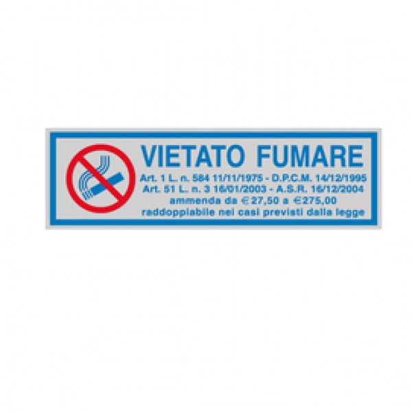 Targhetta adesiva - VIETATO FUMARE (con normativa) - 165x50 mm - Cartelli Segnalatori