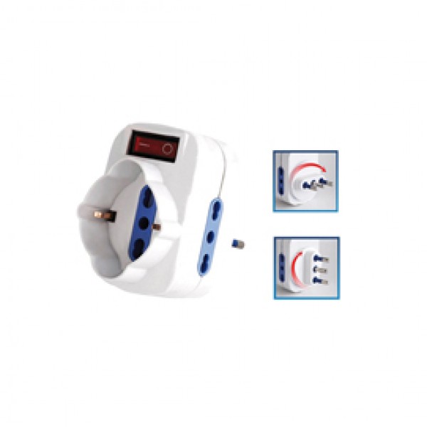 Adattatore rotante con interruttore - 2 prese bipasso 2P+T 10/16A + 1 presa Schuko - MKC Adattatore rotante con interruttore - 2 prese bipasso 2P+T 10/16A + 1 presa Schuko - MKC