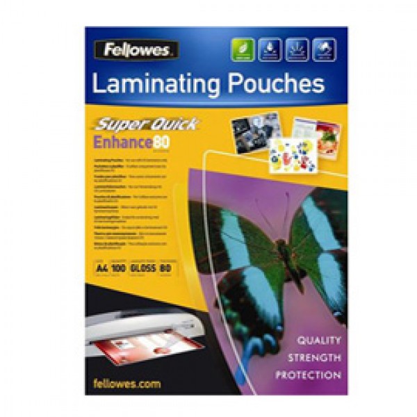 Pouches Enhance80 - Superquick - A4 - 2x80 micron - Fellowes - scatola 100 pezzi Pouches Enhance80 - Superquick - A4 - 2x80 micron - Fellowes - scatola 100 pezzi