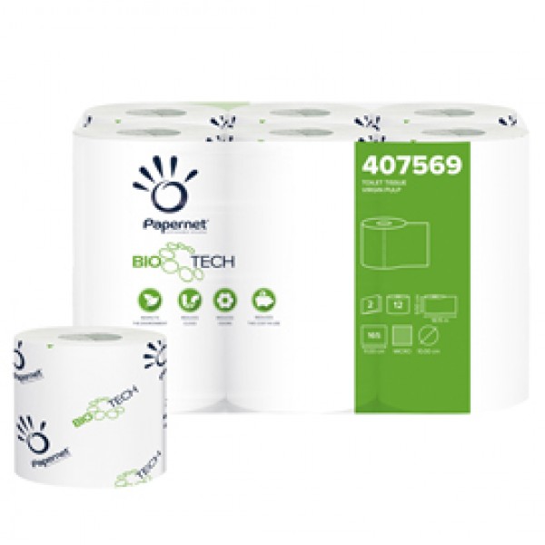 Carta igienica standard Bio Tech - 2 veli - 165 strappi - diametro 10 cm - 9,5 cm x 18,2 mt - Papernet - pacco 12 rotoli Carta igienica standard Bio Tech - 2 veli - 165 strappi - diametro 10 cm - 9,5 cm x 18,2 mt - Papernet - pacco 12 rotoli