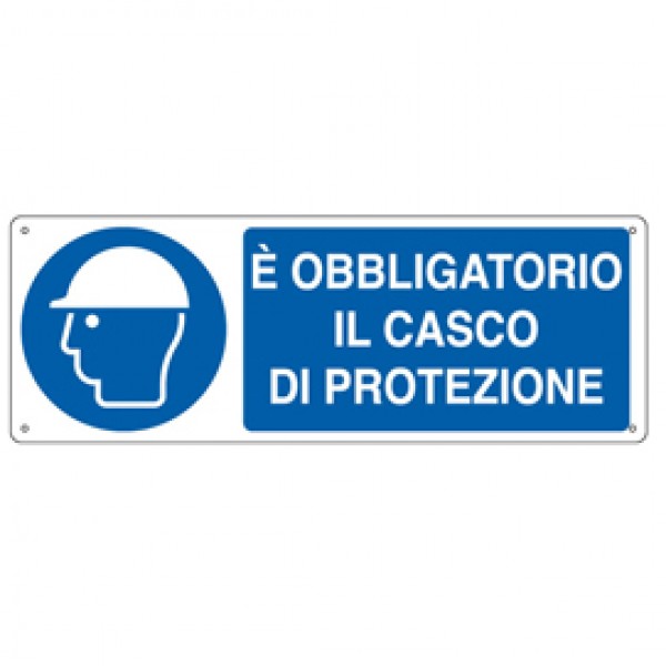 Cartello segnalatore - 35x12,5 cm - E' OBBLIGATORIO IL CASCO DI PROTEZIONE - alluminio - Cartelli Segnalatori