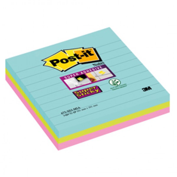 Blocco foglietti Post it® Super Sticky - 675-SS3-MIA - a righe - 101 x 101mm - colori Miami - 70 fogli - Post it®