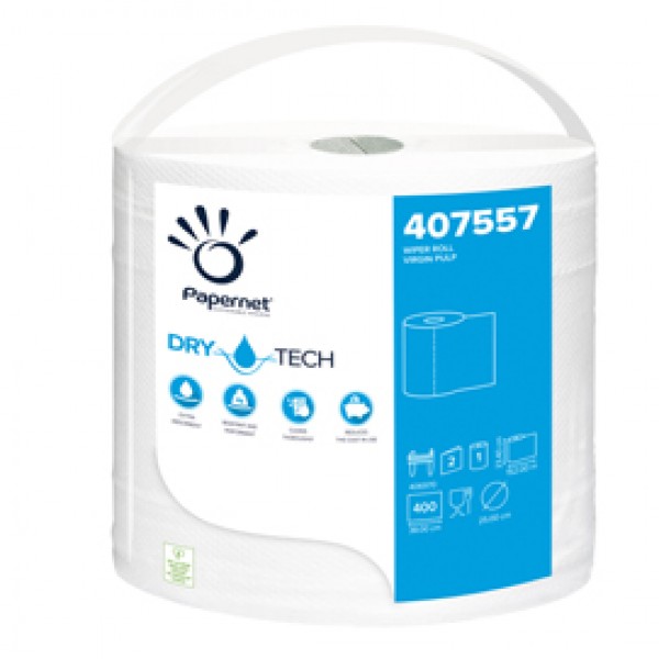 Bobina asciugatutto DryTech - 2 veli - diametro 25 cm - 23,4 cm x 152 mt - 400 strappi - finitura liscia - bianco - Papernet Bobina asciugatutto DryTech - 2 veli - diametro 25 cm - 23,4 cm x 152 mt - 400 strappi - finitura liscia - bianco - Papernet