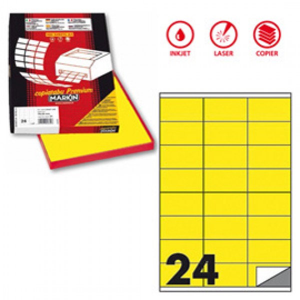Etichetta adesiva C500 - permanente - 70x36 mm - 24 etichette per foglio - giallo fluo - Markin - scatola 100 fogli A4
