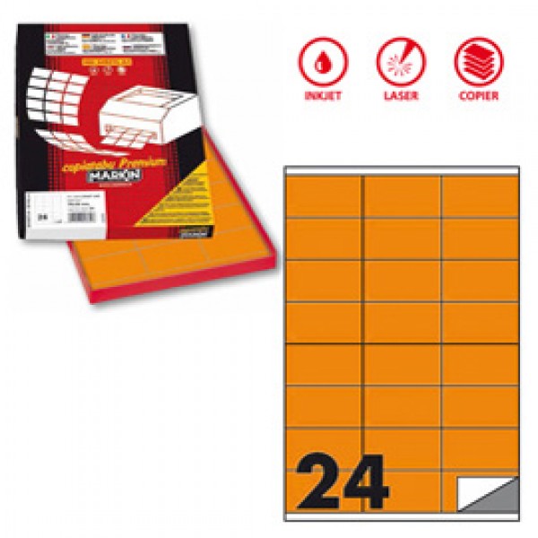 Etichetta adesiva C500 - permanente - 70x36 mm - 24 etichette per foglio - arancio fluo - Markin - scatola 100 fogli A4
