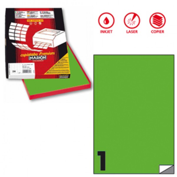 Etichetta adesiva C503 - permanente - 210x297 mm - 1 etichetta per foglio - verde fluo - scatola 100 fogli A4