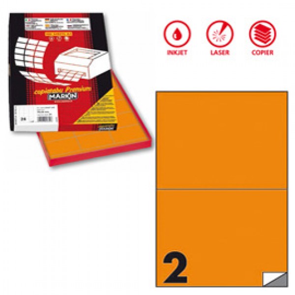 Etichetta adesiva C509 - permanente - 210x148,5 mm - 2 etichette per foglio - arancio fluo - Markin - scatola 100 fogli A4