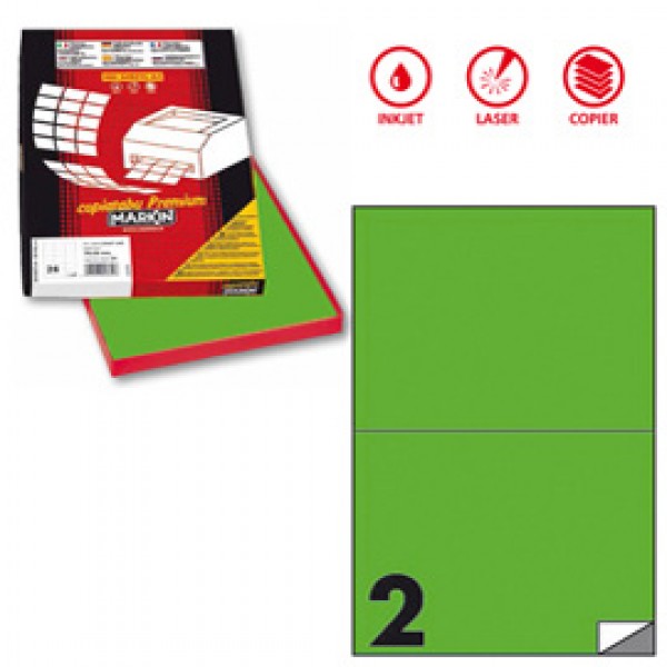Etichetta adesiva C509 - permanente - 210 x148,5 mm - 2 etichette per foglio - verde fluo - Markin - scatola 100 fogli A4