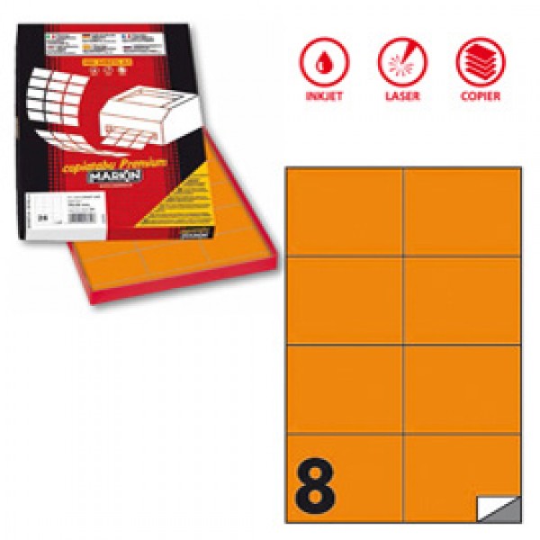 Etichetta adesiva C512 - permanente - 105x74,25 mm - 8 etichette per foglio - arancio fluo - Markin - scatola 100 fogli A4