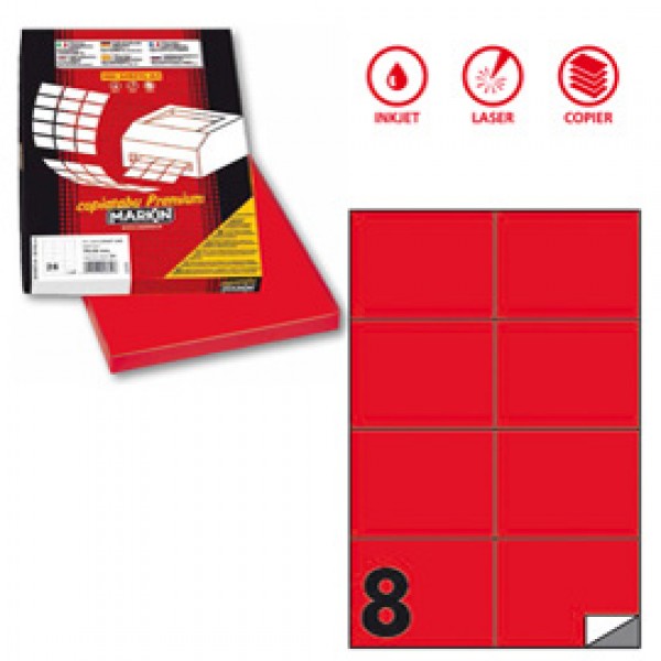 Etichetta adesiva C512 - permanente - 105x74,25 mm - 8 etichette per foglio - rosso fluo - Markin - scatola 100 fogli A4