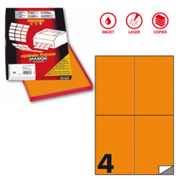 Etichetta adesiva C519 - permanente - 105x148,5 mm - 4 etichette per foglio - arancio fluo - Markin - scatola 100 fogli A4