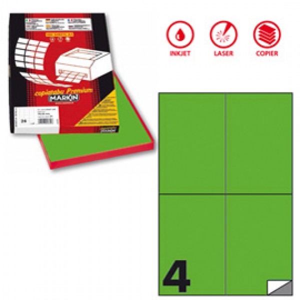 Etichetta adesiva C519 - permanente - 105 x148,5 mm - 4 etichette per foglio - verde fluo - Markin - scatola 100 fogli A4