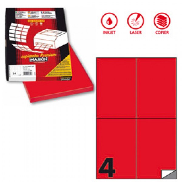 Etichetta adesiva C519 - permanente - 105 x148,5 mm - 4 etichette per foglio - rosso fluo - Markin - scatola 100 fogli A4