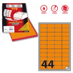 Etichetta adesiva A406 - permanente - 47,5x25,5 mm - 44 etichette per foglio - arancio fluo - Markin - scatola 100 fogli A4