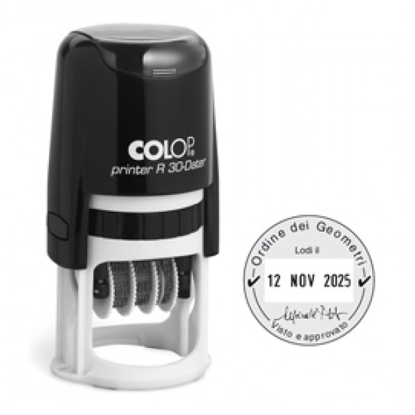 Timbro datario R30 - diametro 30 mm - 4 righe - autoinchiostrante - personalizzabile - Colop Timbro datario R30 - diametro 30 mm - 4 righe - autoinchiostrante - personalizzabile - Colop