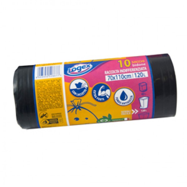 Sacchi per immondizia - 70x110 cm - 120 L - 43 micron - nero - Logex Professional - rotolo da 10 sacchetti Sacchi per immondizia - 70x110 cm - 120 L - 43 micron - nero - Logex Professional - rotolo da 10 sacchetti