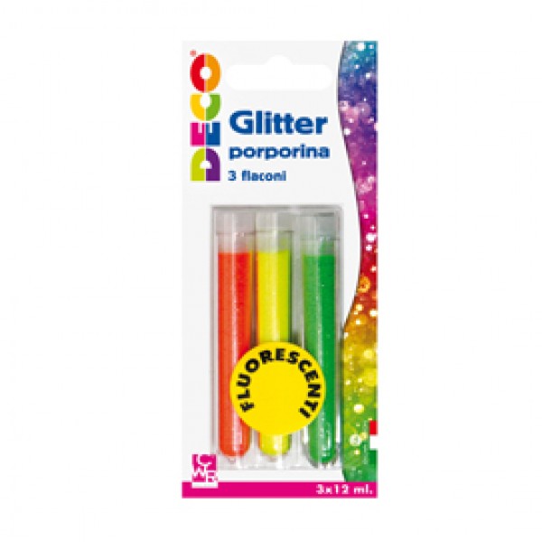 Glitter grana fine - 12 ml - colori assortiti fluo - Deco - blister 3 flaconi