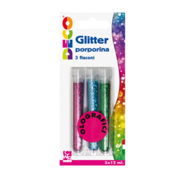 Glitter grana fine - 12 ml - colori assortiti olografici - Deco - blister 3 flaconi