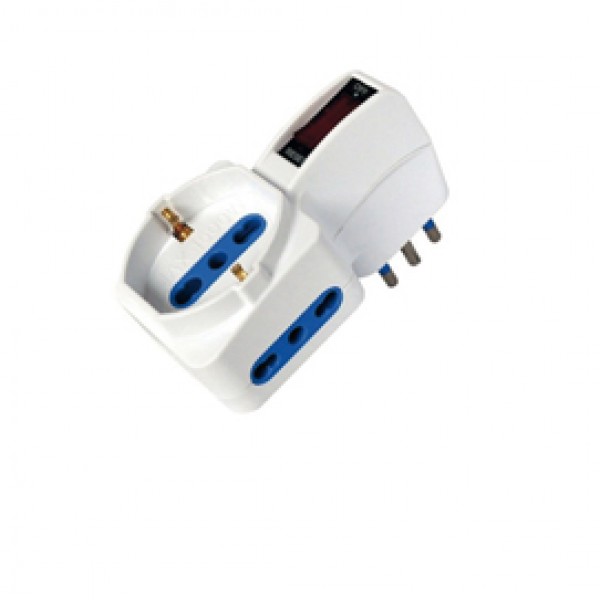 Adattatore con spina 10A verticale - 2 prese bipasso 10/16A + 1 presa Schuko - MKC Adattatore con spina 10A verticale - 2 prese bipasso 10/16A + 1 presa Schuko - MKC