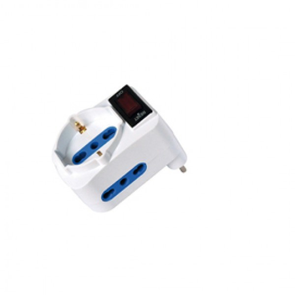 Adattatore con spina 10A orizzontale - 2 prese bipasso 10/16A + 1 presa Schuko - MKC Adattatore con spina 10A orizzontale - 2 prese bipasso 10/16A + 1 presa Schuko - MKC