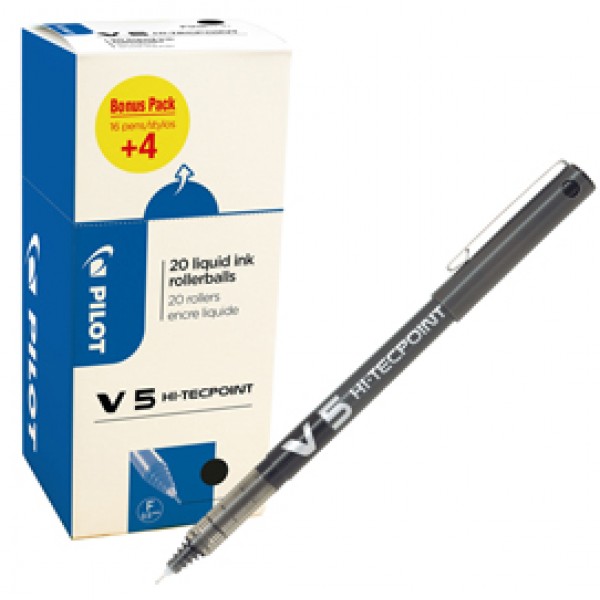 Roller Hi Tecpoint V5 con cappuccio - punta 0,5mm - nero - Pilot - conf. 16 + 4 pezzi Roller Hi Tecpoint V5 con cappuccio - punta 0,5mm - nero - Pilot - conf. 16 + 4 pezzi