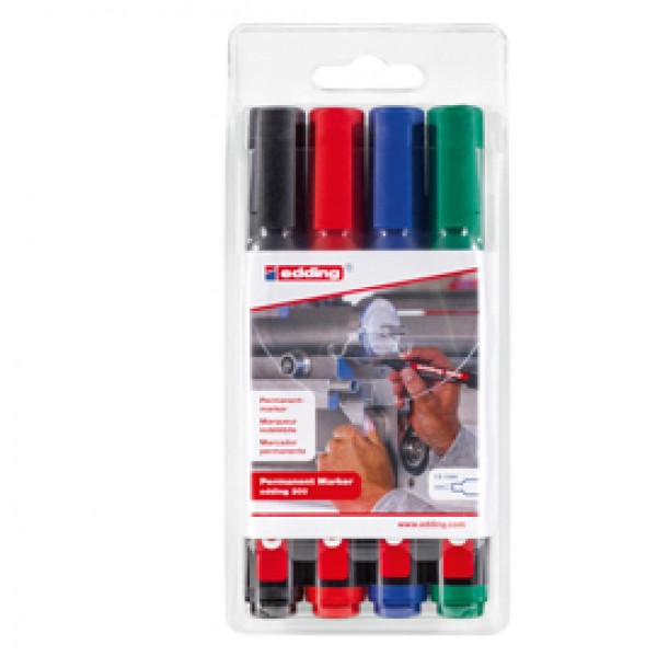 Marcatore permanente 300 - punta conica 1,50 - 3,00 mm - colori assortiti - Edding - astuccio 4 pezzi Marcatore permanente 300 - punta conica 1,50 - 3,00 mm - colori assortiti - Edding - astuccio 4 pezzi