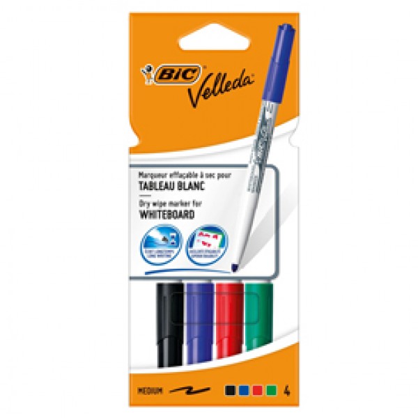 Pennarello Whiteboard Marker Velleda 1741 - punta tonda 1,4 mm - colori assortiti - Bic - astuccio 4 pezzi Pennarello Whiteboard Marker Velleda 1741 - punta tonda 1,4 mm - colori assortiti - Bic - astuccio 4 pezzi