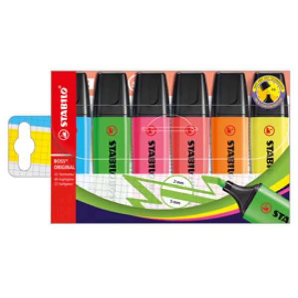 Evidenziatore Boss Original - punta a scalpello - tratto 2 - 5 mm - colori assortiti - Stabilo - busta 6 pezzi Evidenziatore Boss Original - punta a scalpello - tratto 2 - 5 mm - colori assortiti - Stabilo - busta 6 pezzi
