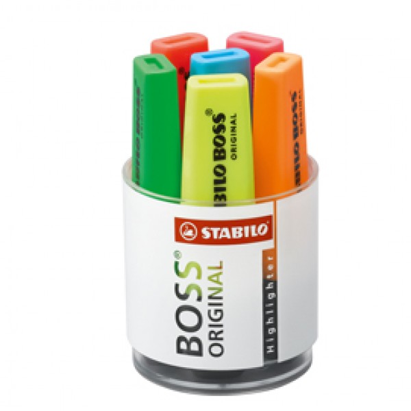 Evidenziatore Boss Original - punta a scalpello - tratto 2 - 5 mm - colori assortiti - Stabilo - cilindro 6 pezzi Evidenziatore Boss Original - punta a scalpello - tratto 2 - 5 mm - colori assortiti - Stabilo - cilindro 6 pezzi