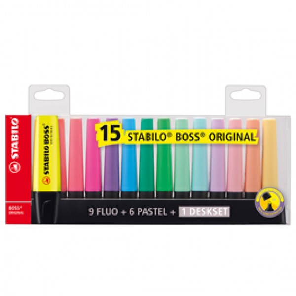 Evidenziatore Boss Original - punta a scalpello - tratto 2 - 5 mm - colori assortiti fluo + pastel - Stabilo - deskset 15 pezzi Evidenziatore Boss Original - punta a scalpello - tratto 2 - 5 mm - colori assortiti fluo + pastel - Stabilo - deskset 15 pezzi