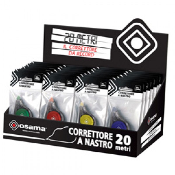 Correttore a nastro 20 Metri - 5mm x 20mt - ivolucro colori assortiti - Osama Correttore a nastro 20 Metri - 5mm x 20mt - ivolucro colori assortiti - Osama