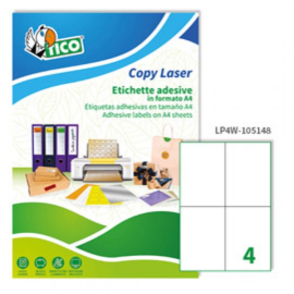 Etichetta adesiva LP4W - permanente - 105x148 mm - 4 etichette per foglio - bianco - Tico - conf. 100 fogli A4