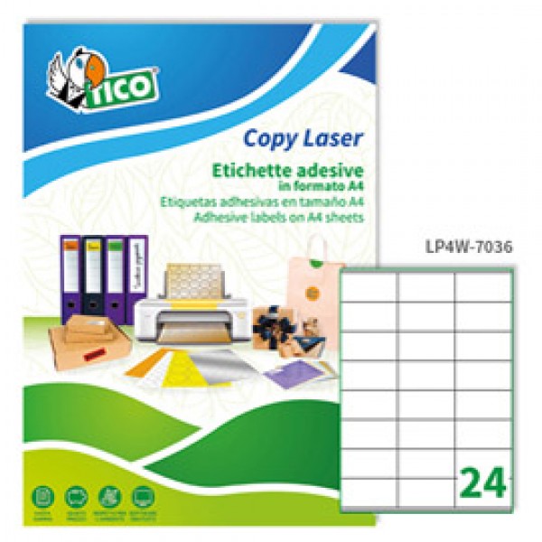 Etichetta adesiva LP4W - permanente - 70x36 mm - 24 etichette per foglio - bianco - Tico - conf. 100 fogli A4