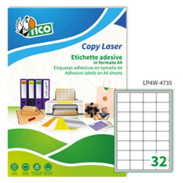 Etichetta adesiva LP4W - permanente - 47,5x35 mm - 32 etichette per foglio - bianco - Tico - conf. 100 fogli A4