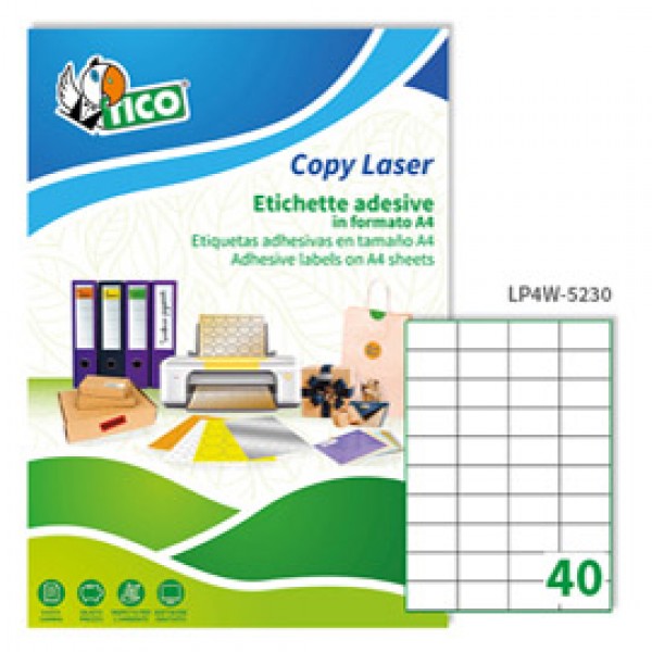 Etichetta adesiva LP4W - permanente - 52x30 mm - 40 etichette per foglio - bianco - Tico - conf. 100 fogli A4