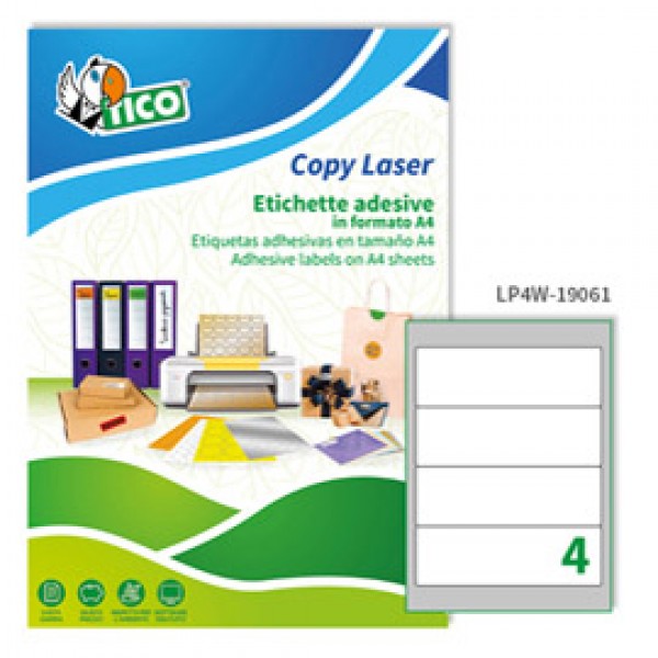 Etichetta adesiva LP4W - permanente - 190x61 mm - 4 etichette per foglio - bianco - Tico - conf. 100 fogli A4
