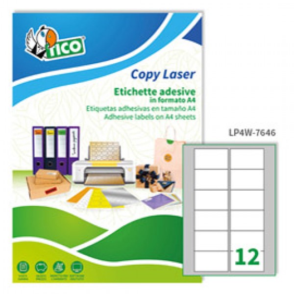 Etichetta adesiva LP4W - permanente - 76,2x46,4 mm - 12 etichette per foglio - bianco - Tico - conf. 100 fogli A4