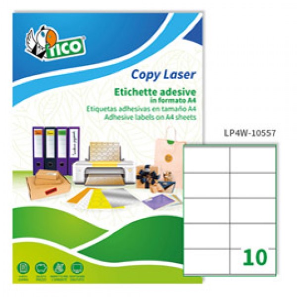 Etichetta adesiva LP4W - permanente - 105x57 mm - 10 etichette per foglio - bianco - Tico - conf. 100 fogli A4