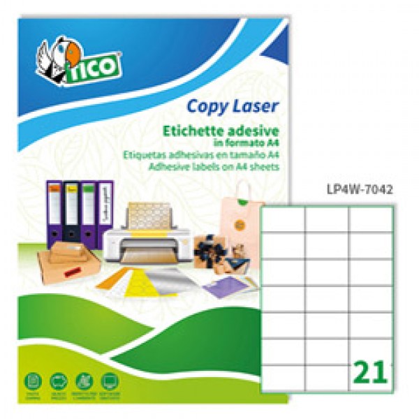Etichetta adesiva LP4W - permanente - 70x42,3 mm - 21 etichetta per foglio - bianco - Tico - conf. 100 fogli A4