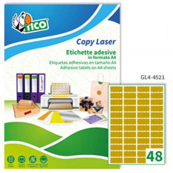 Etichetta adesiva GL4 - sagomata - permanente - 45x21 mm - 48 etichette per foglio - satinata oro - Tico - conf. 100 fogli A4