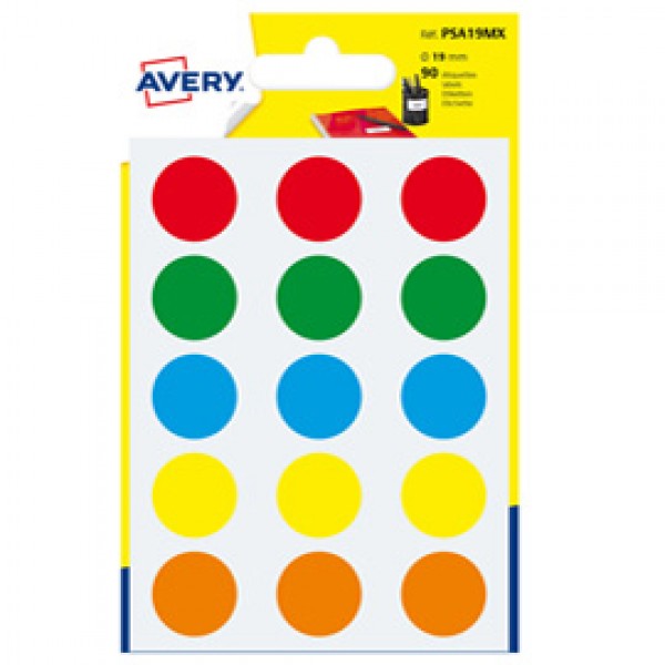 Etichetta adesiva tonda PSA - permanente - ø 19 mm - colori assortiti - Avery - blister 90 etichette