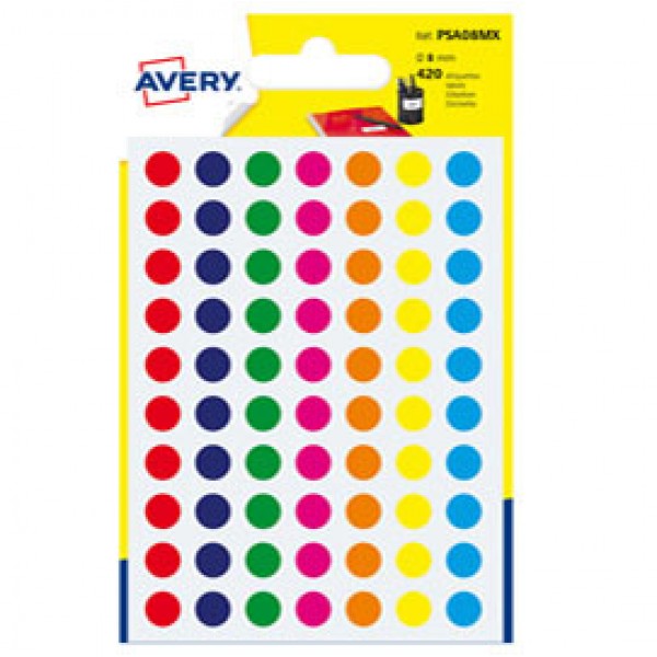 Etichetta adesiva tonda PSA - permanenti - ø 8 mm - colori assortiti - Avery - blister 420 etichette
