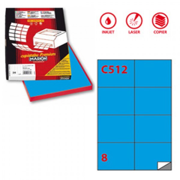 Etichetta adesiva C512 - permanente - 105x74,25 mm - 8 etichette per foglio - blu - Markin - scatola 100 fogli A4