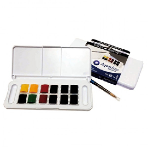 Acquerelli Acquafine Godet - colori assortiti - Daler Rowney - scatola in plastica 12 acquerelli + 1 pennello