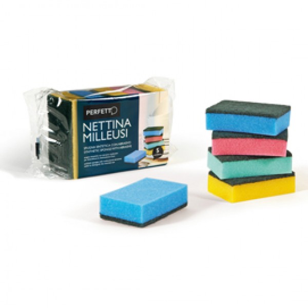 Spugna nettina Milleusi - 11x6,5x3 cm - doppio strato - colori assortiti - Perfetto - conf. 5 pezzi Spugna nettina Milleusi - 11x6,5x3 cm - doppio strato - colori assortiti - Perfetto - conf. 5 pezzi