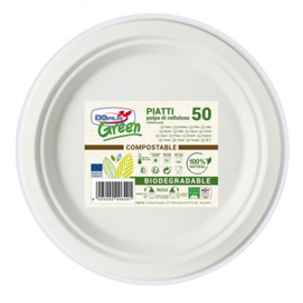 Piatto piano monouso - rotondo - diametro 22 cm - cellulosa - bianco - Dopla Green - conf. 50 pezzi Piatto piano monouso - rotondo - diametro 22 cm - cellulosa - bianco - Dopla Green - conf. 50 pezzi